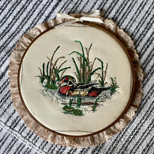 Vintage Duck Themed Hand Embroidered Hoop with Lace Trim
