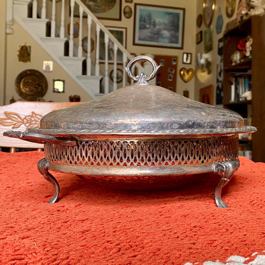 Mid-Century Footed Silver Plated Covered Chafing Dish Casserole Warmer