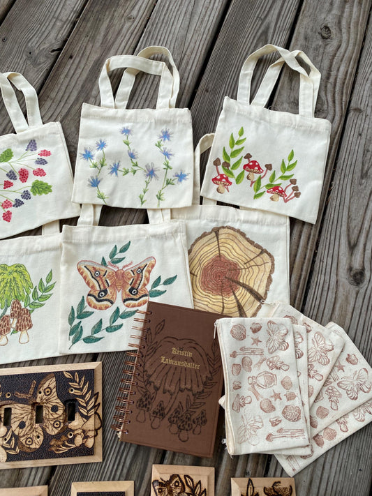 Nature Themed Hand Drawn Mini Tote Bag 8x7.5”