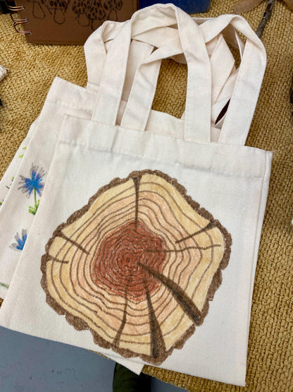Nature Themed Hand Drawn Mini Tote Bag 8x7.5”
