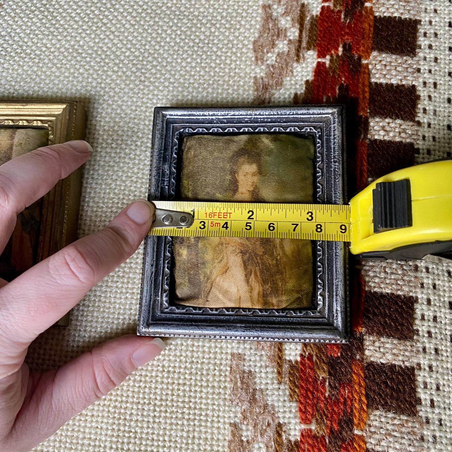 Two Small Puffed Antique Silk Print Picture Frames - Made in Italy
