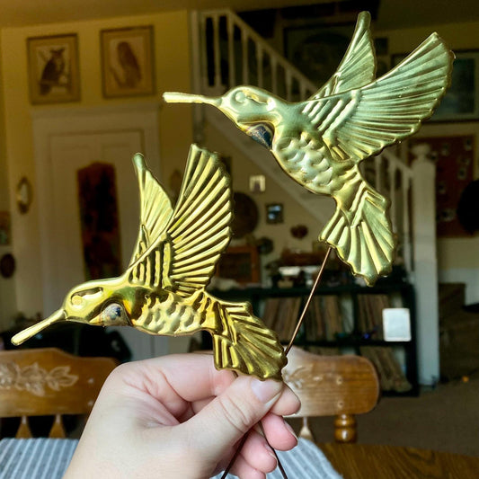 Set Of Two Vintage Home Interiors Brass Hummingbird Plant Stakes / Wall Decor