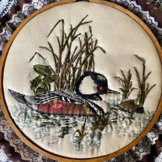 Vintage Duck Themed Hand Embroidered Hoop with Lace Trim