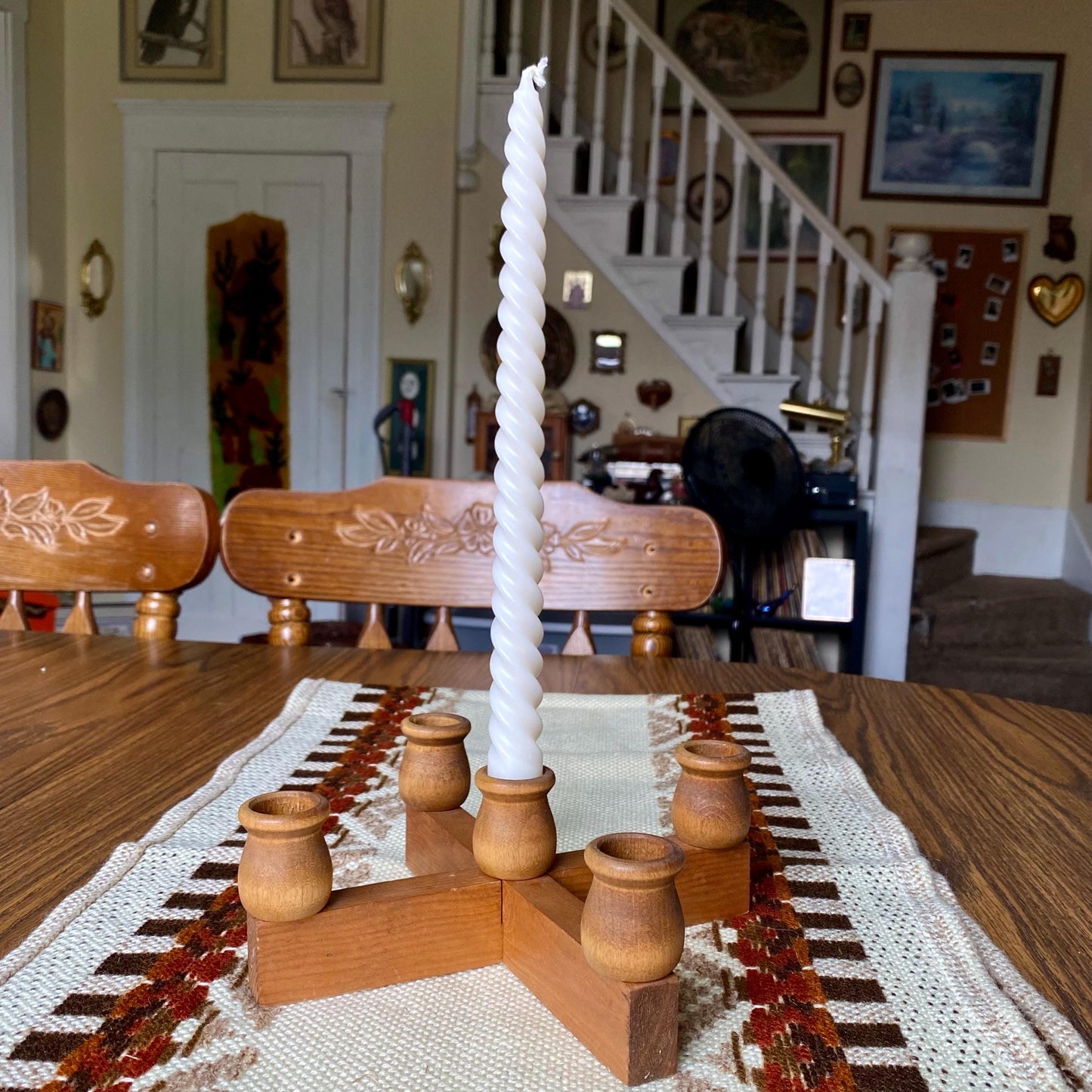 Mid-Century Modern Wooden Scandinavian Criss Cross 5 Candle Candelabra