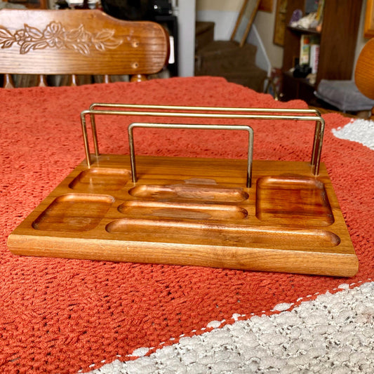 Vintage Dresser Valet Stand Organizer Tray Solid Oak and Brass with Felt Feet