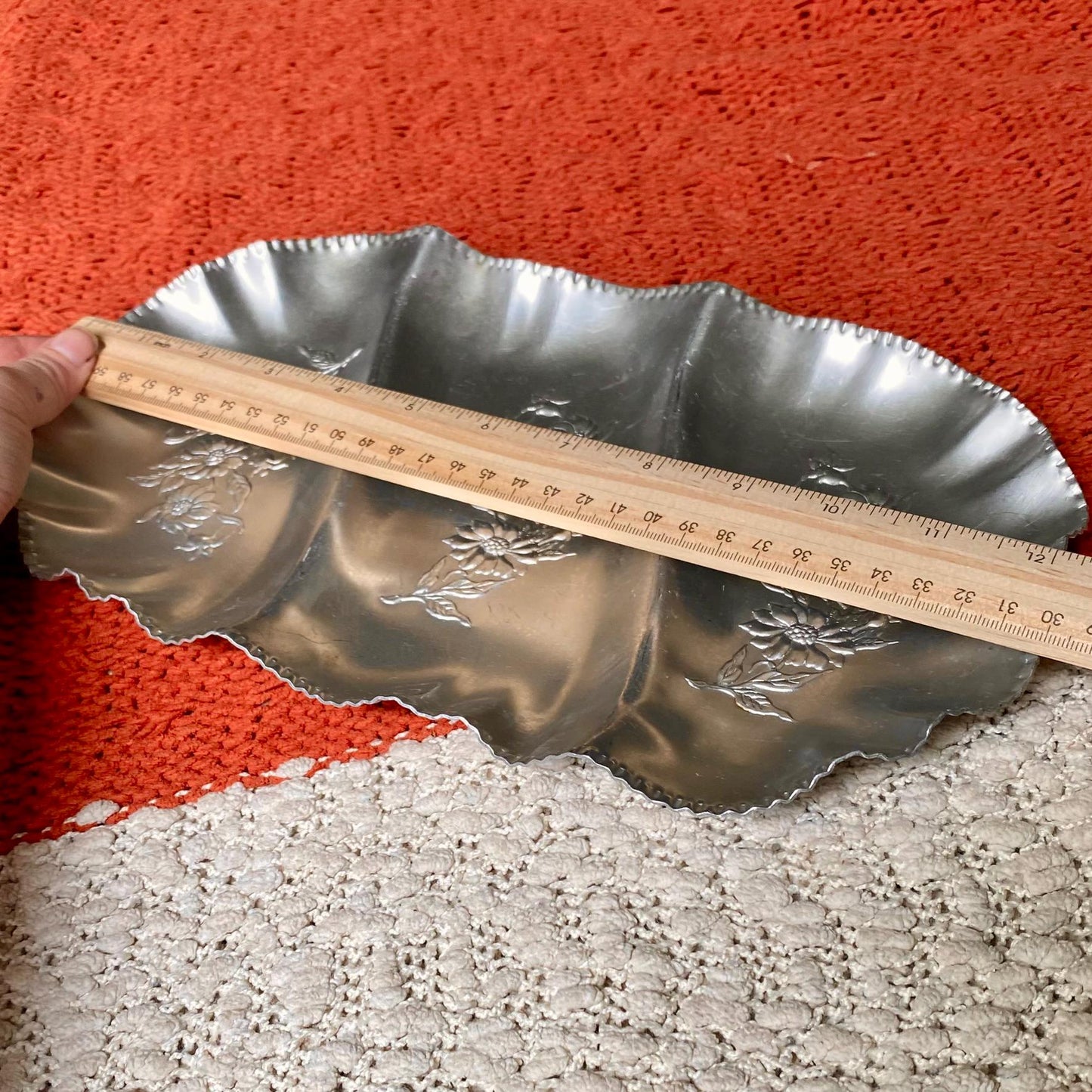 Three Sectioned Hand Wrought Aluminum Serving/Trinket Tray with Embossed Floral Design