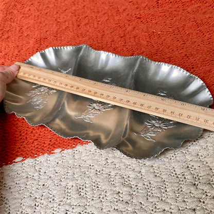 Three Sectioned Hand Wrought Aluminum Serving/Trinket Tray with Embossed Floral Design