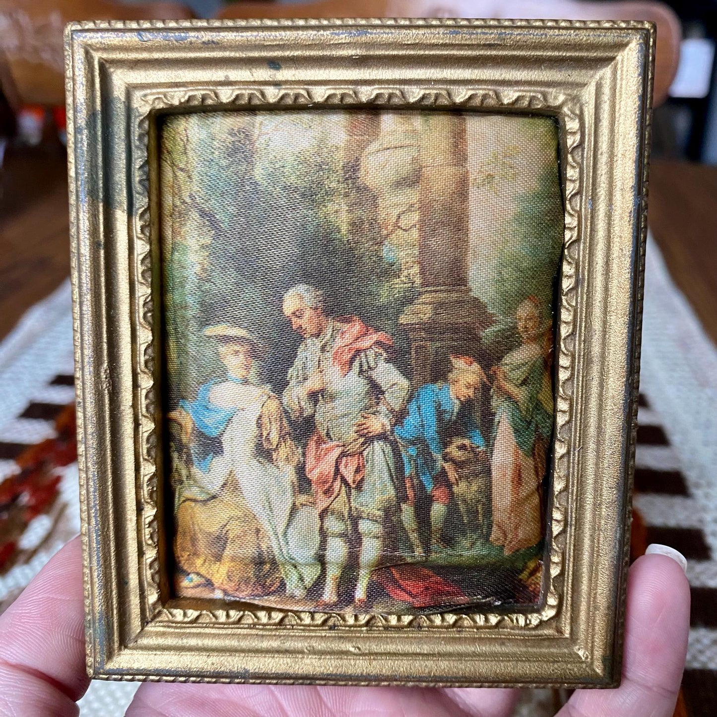Two Small Puffed Antique Silk Print Picture Frames - Made in Italy