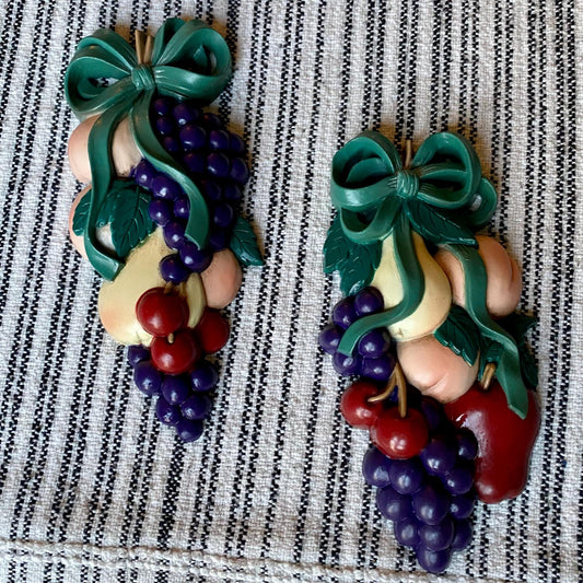 Set of Two Vintage 1995 Burwood Bunch of Hanging Fruits Wall Plaques