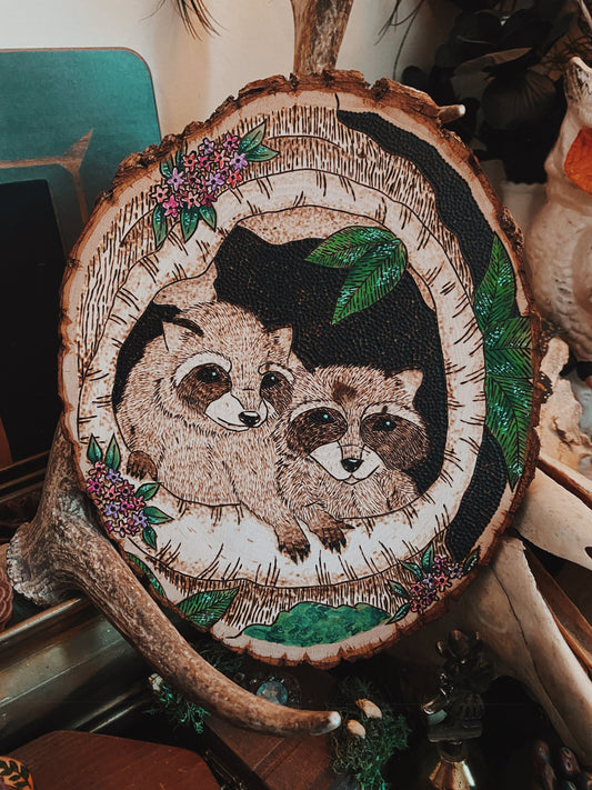 8x9.5” Raccoon Kits Pyrography Woodburning and Watercolor