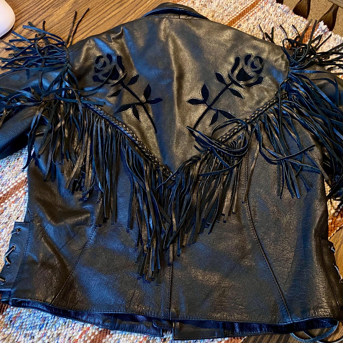 Vintage Barney’s Heavy Black Leather Biker Jacket with Fringe and Rose Accents