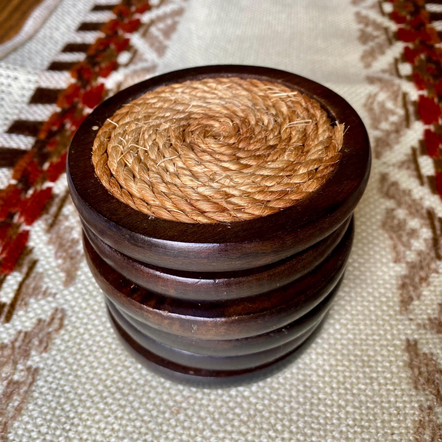 Set of 6 round  Vintage Mid-Century Modern wood and jute coasters