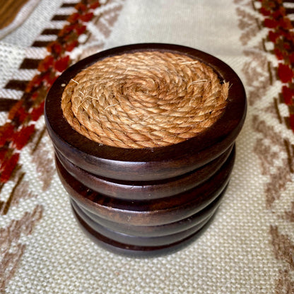 Set of 6 round  Vintage Mid-Century Modern wood and jute coasters