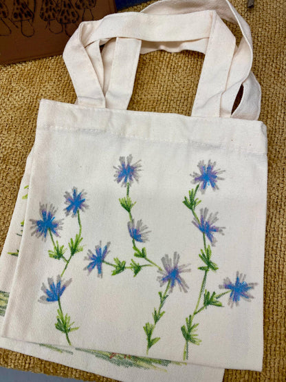 Nature Themed Hand Drawn Mini Tote Bag 8x7.5”
