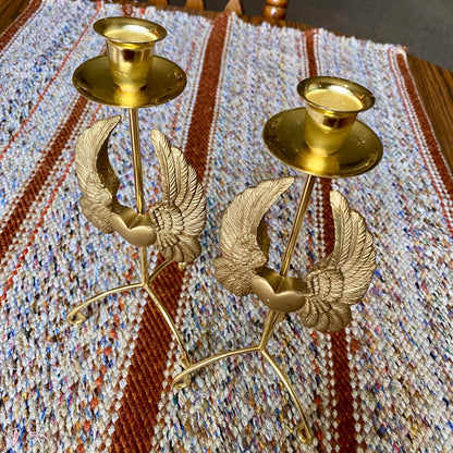 Set of Two Vintage Brass Pillar Candle Holders Adorned with Ornate Hearts with Wings
