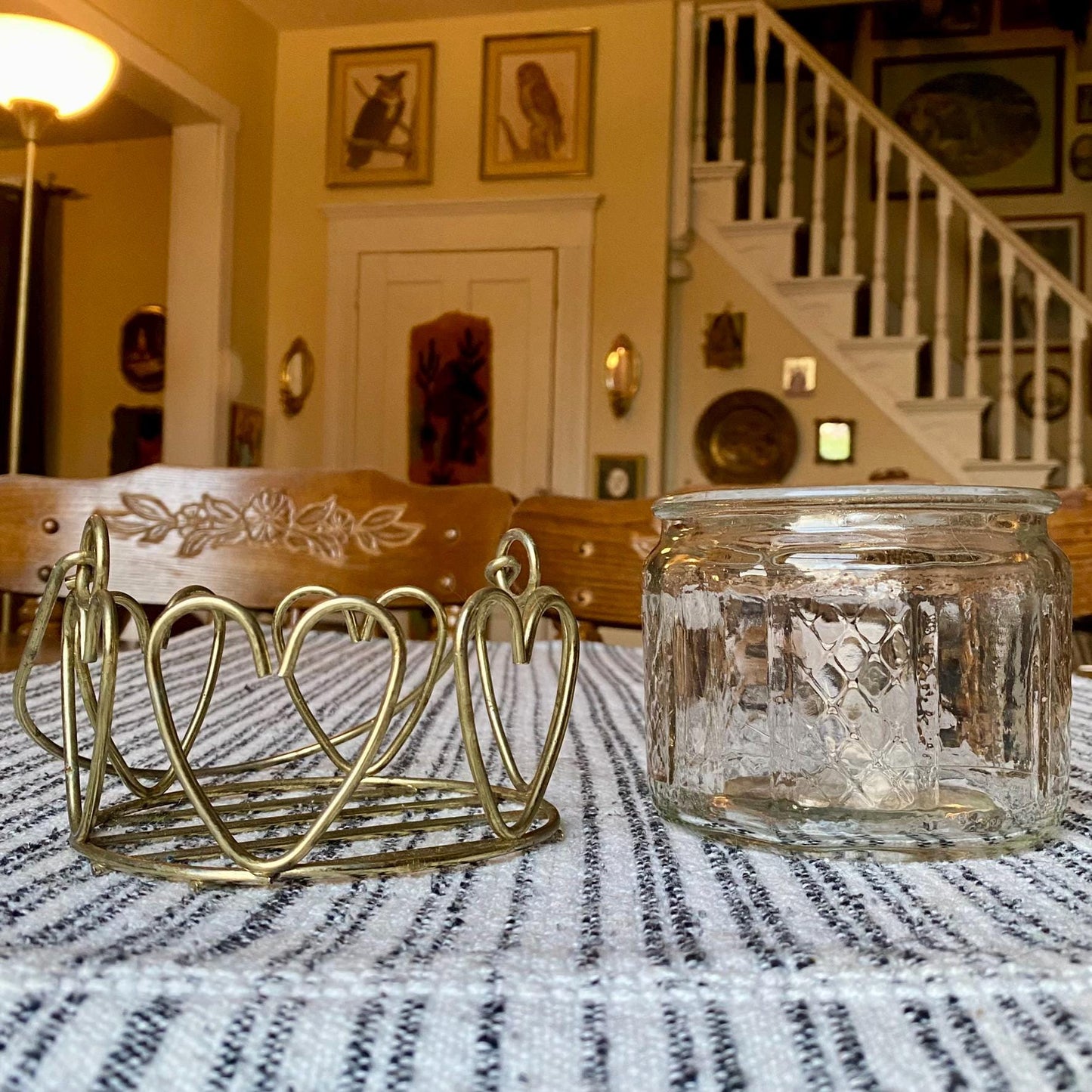 Home Interiors Gold Wire Heart Basket with Removable Glass Jar