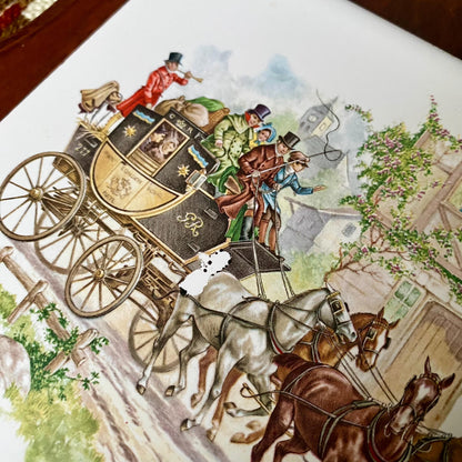 Vintage Ceramic Tile Wall Art Laid In Wood Featuring Carriage Scene