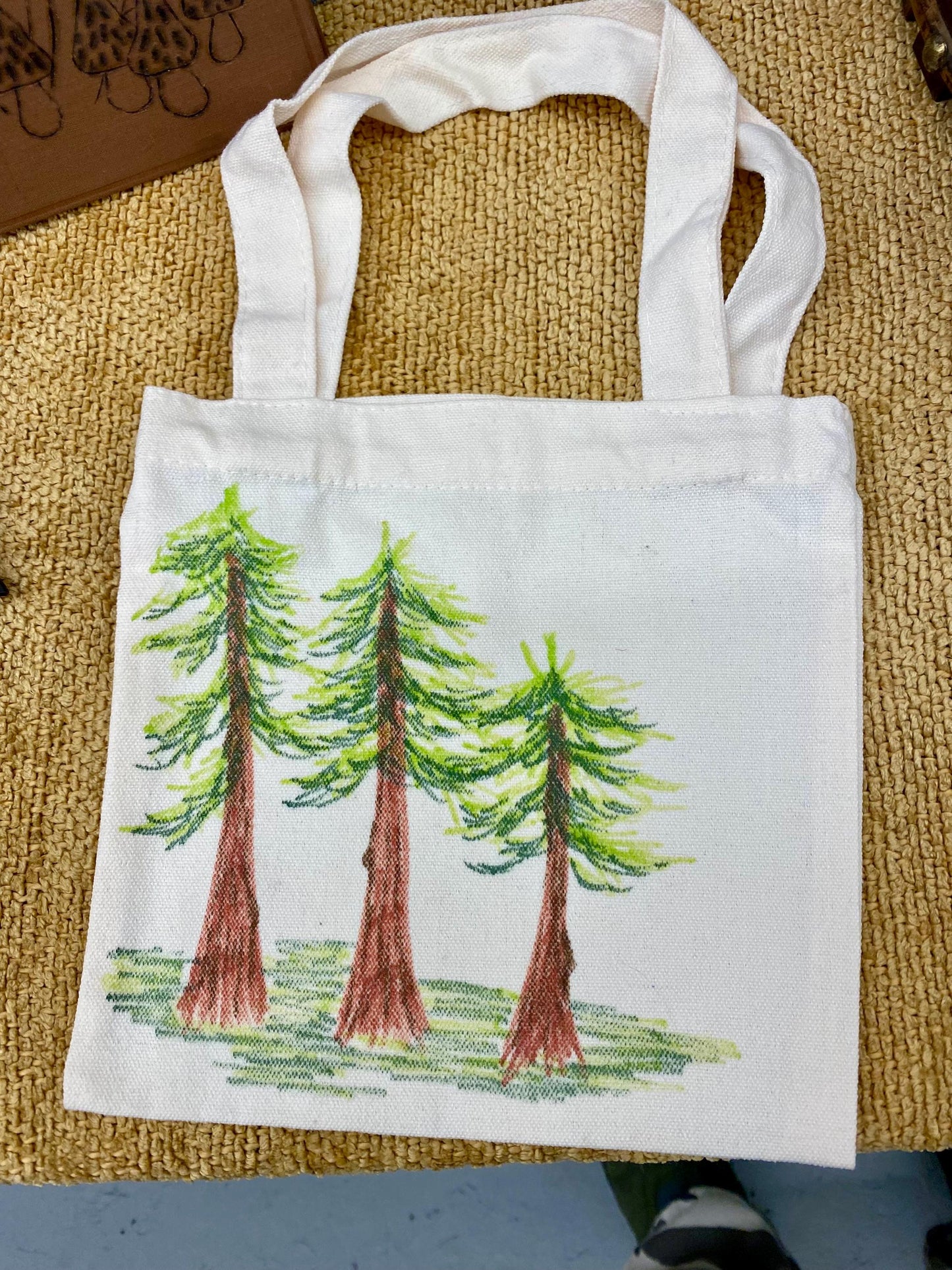 Nature Themed Hand Drawn Mini Tote Bag 8x7.5”