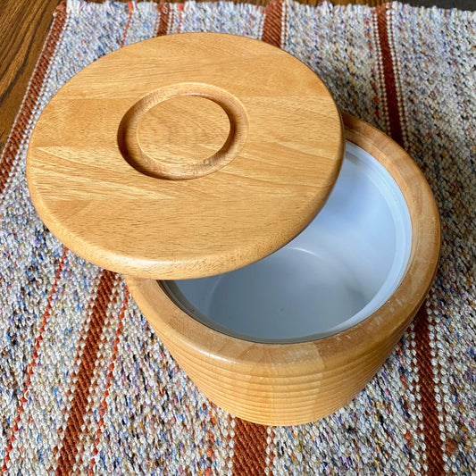 Heavy Wood Mid-Century Modern Ribbed Barware Ice Bucket
