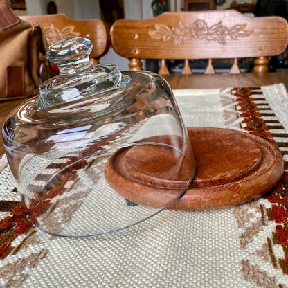 Vintage Dolphin Danish Modern Teak Wood Cheeseball Serving Tray with Glass Cover