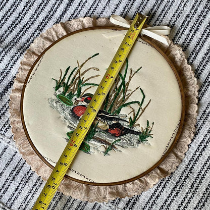 Vintage Duck Themed Hand Embroidered Hoop with Lace Trim