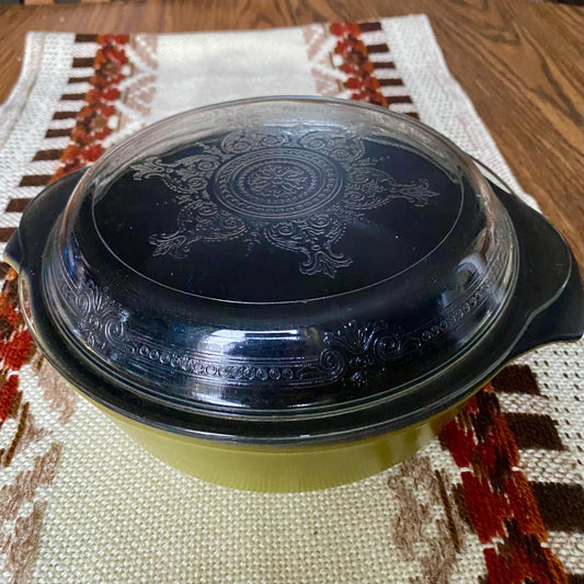 Vintage Anchor Hocking Fire King Teflon Casserole Dish With Ornate Lid