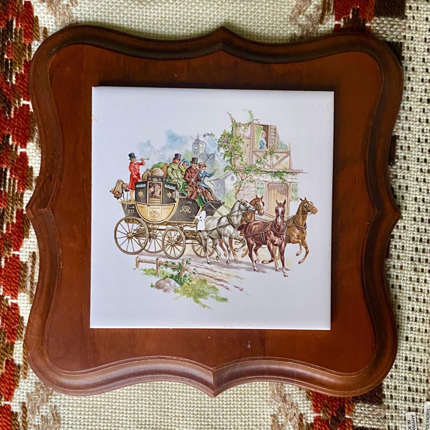 Vintage Ceramic Tile Wall Art Laid In Wood Featuring Carriage Scene