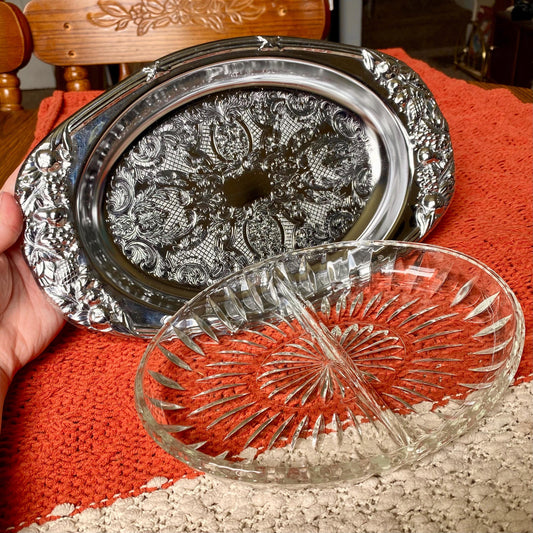 Vintage Shelton-Ware Metal Serving / Trinket Tray with Removable Glass Insert