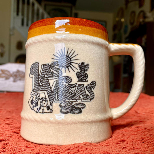 Vintage 70s Graphic Las Vegas Retro Souvenir Beer Mug w/ Rope Trim