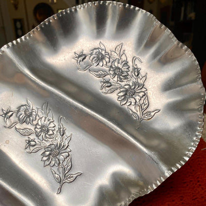 Three Sectioned Hand Wrought Aluminum Serving/Trinket Tray with Embossed Floral Design