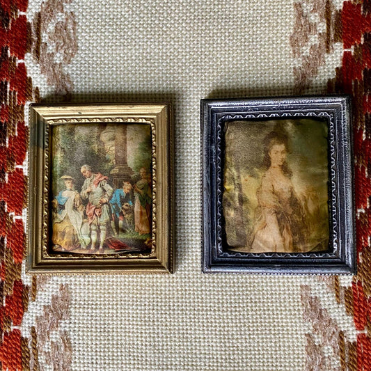 Two Small Puffed Antique Silk Print Picture Frames - Made in Italy