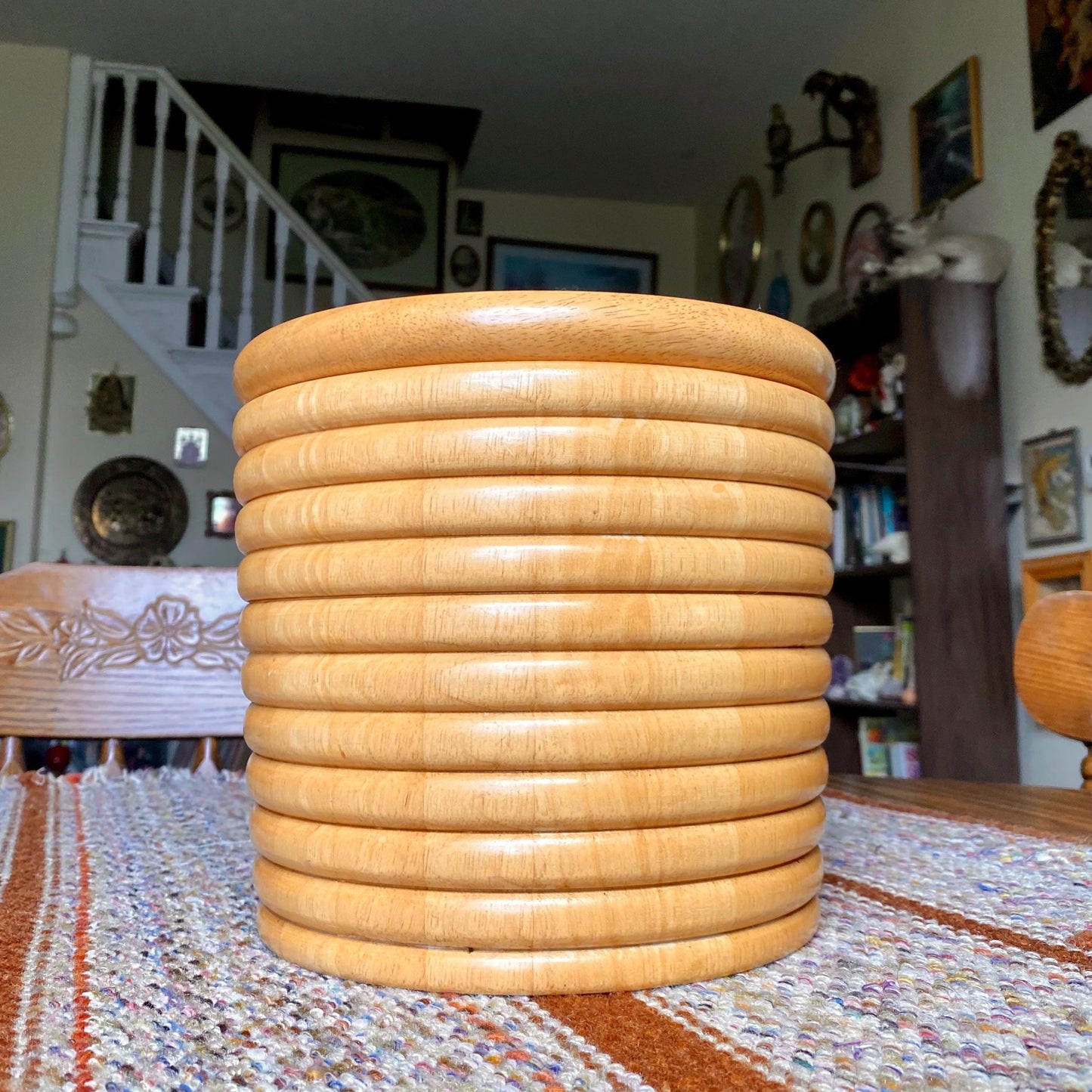 Heavy Wood Mid-Century Modern Ribbed Barware Ice Bucket