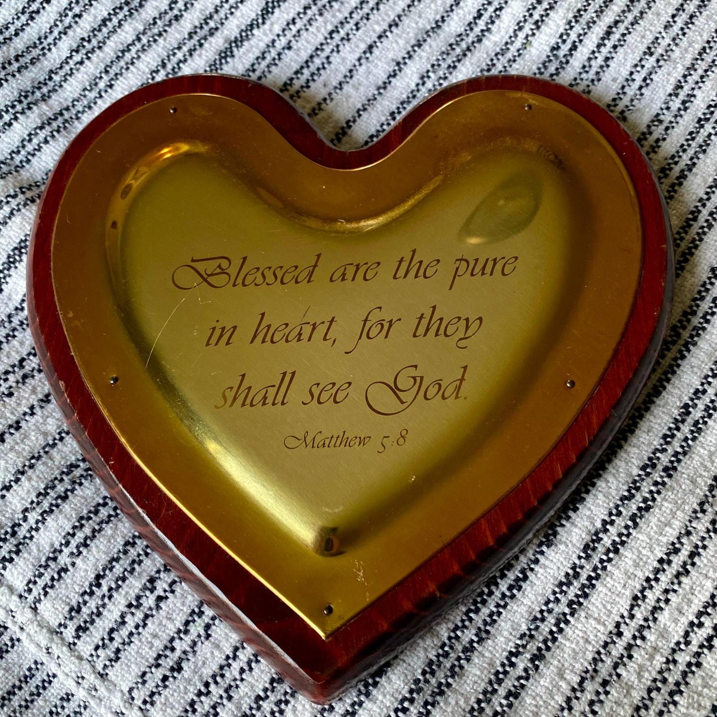 Vintage Wood and Brass Heart Shaped Bible Verse Wall Hanging