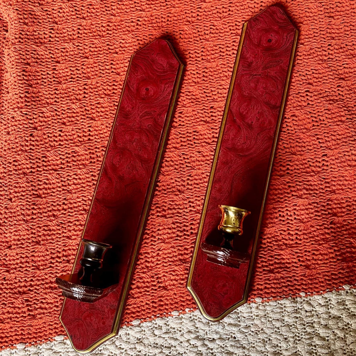 Set of Two Vintage Home Interiors Cherry Wood Wall Sconce / Candle Holders