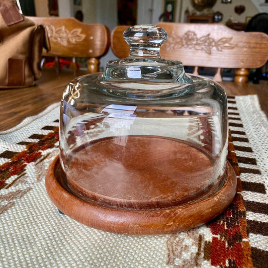 Vintage Dolphin Danish Modern Teak Wood Cheeseball Serving Tray with Glass Cover