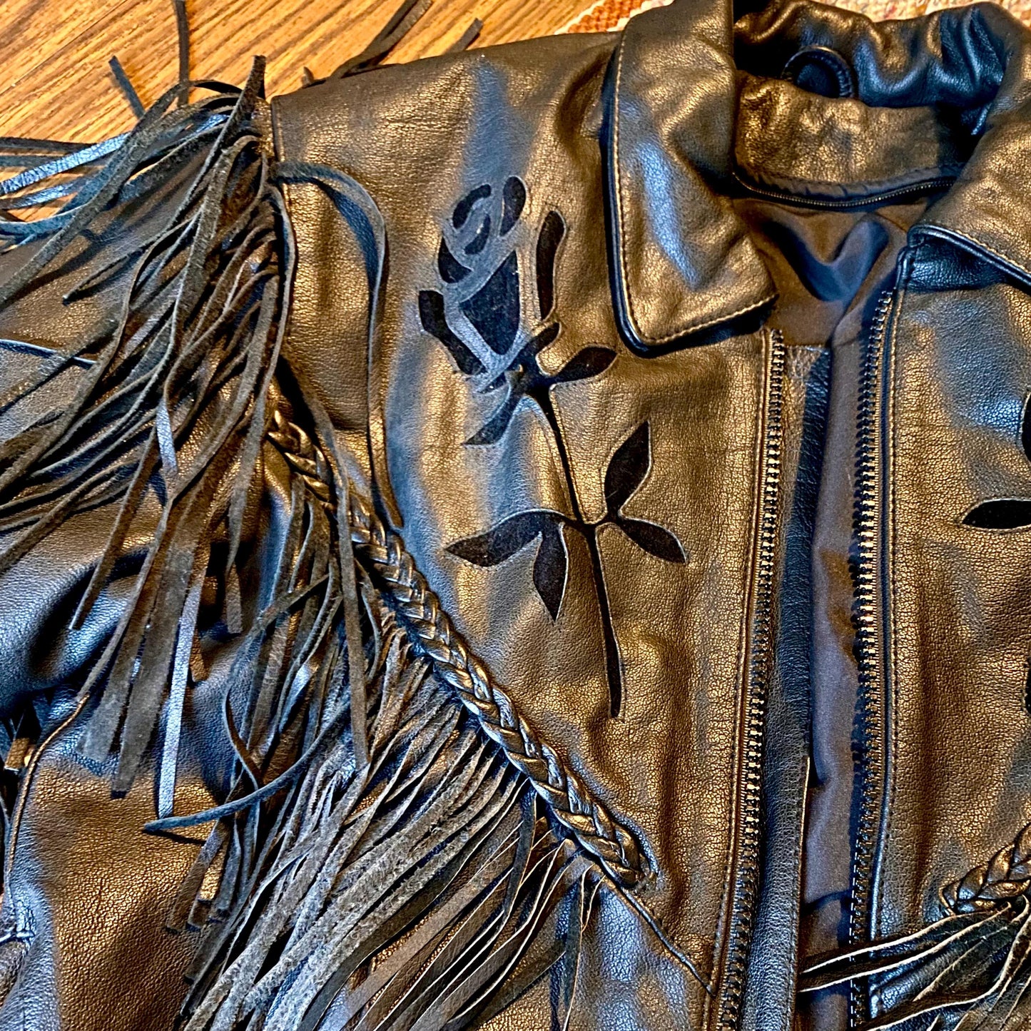 Vintage Barney’s Heavy Black Leather Biker Jacket with Fringe and Rose Accents