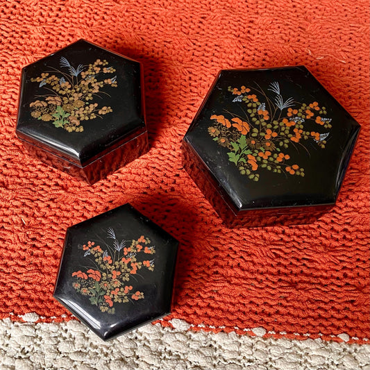 Set of 3 Vintage Asian Style Floral Nesting Trinket Boxes