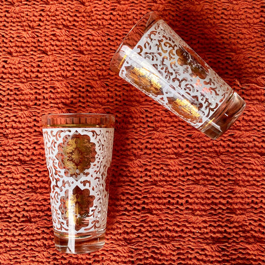 Set of Two Vintage White and Gold Lace Moroccan Moorish Tumbler Cocktail Glasses