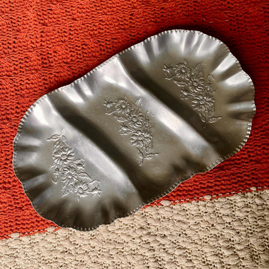 Three Sectioned Hand Wrought Aluminum Serving/Trinket Tray with Embossed Floral Design