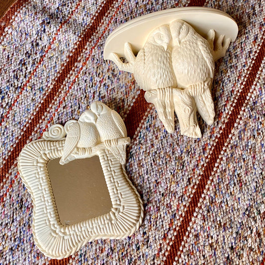 Vintage Burwood Lovebird Doves Mirror and Shelf Two Piece Set