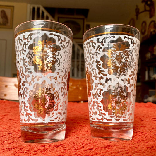Set of Two Vintage White and Gold Lace Moroccan Moorish Tumbler Cocktail Glasses