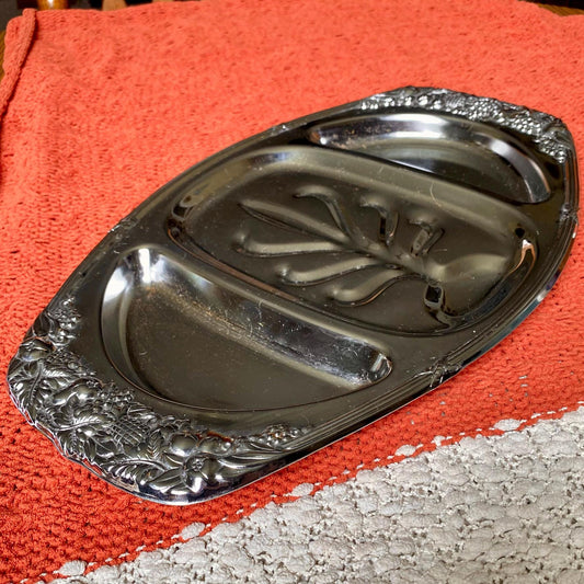 Vintage Shelton-Ware Chrome Serving / Trinket Tray with Three Compartments and Ornate Fruit Design on Edges