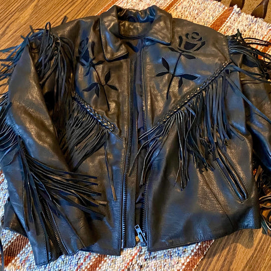 Vintage Barney’s Heavy Black Leather Biker Jacket with Fringe and Rose Accents