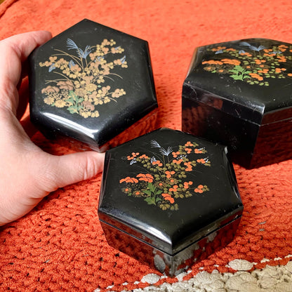 Set of 3 Vintage Asian Style Floral Nesting Trinket Boxes