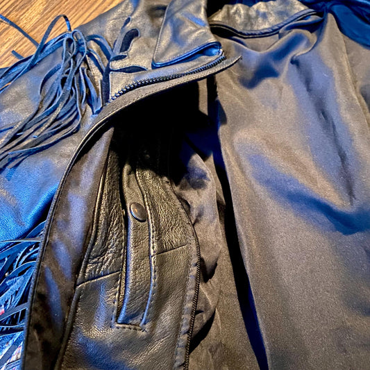 Vintage Barney’s Heavy Black Leather Biker Jacket with Fringe and Rose Accents