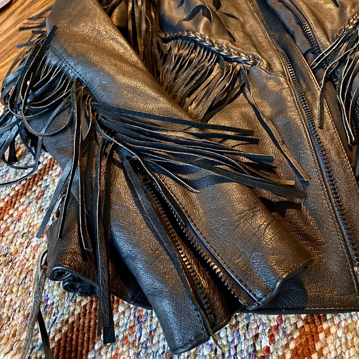 Vintage Barney’s Heavy Black Leather Biker Jacket with Fringe and Rose Accents