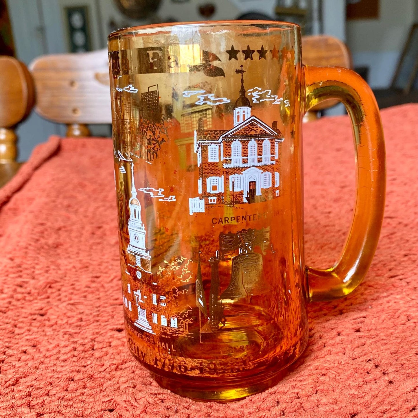 Vintage Philadelphia Commemorative Souvenir Amber Glass Beer Mug