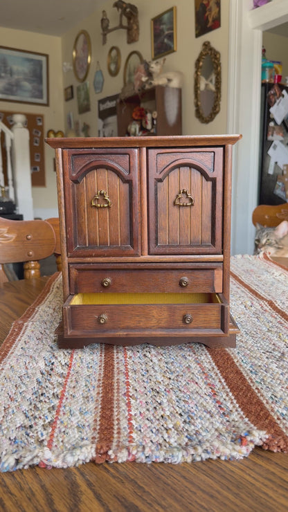 Vintage Wooden Armoire Music Box Jewelry Box with Brass Handles
